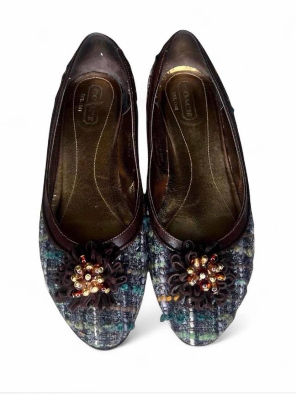 Coach Brown Trim Multicolor Tweed Floral Appliqué Ballet Kitten Heel